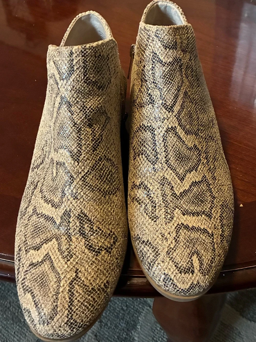 Wonderly Snake-Print Ankle Booties in Tan and Black